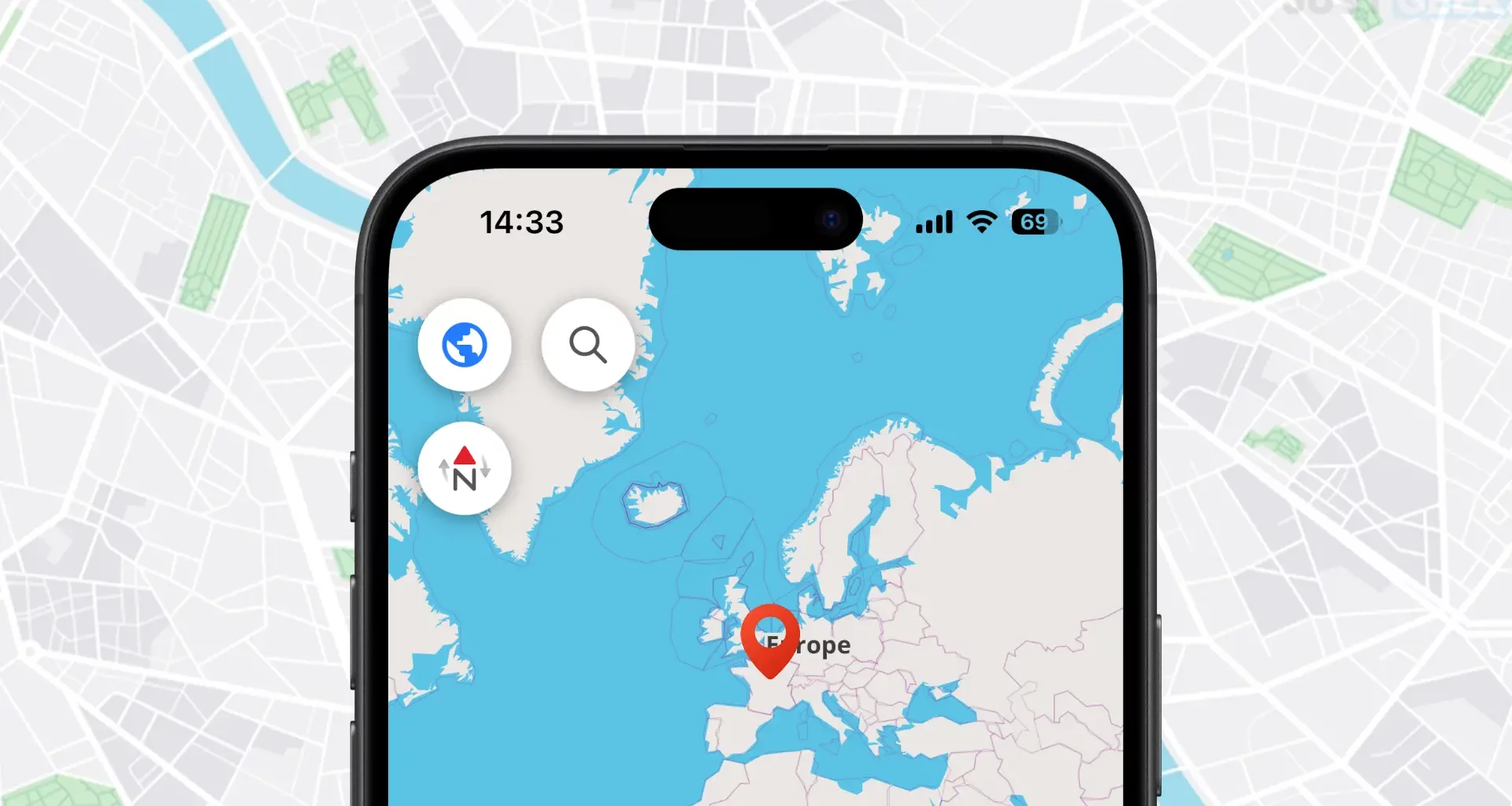 Carte GPS affichée sur smartphone avec données OpenStreetMap centrées sur l’Europe
