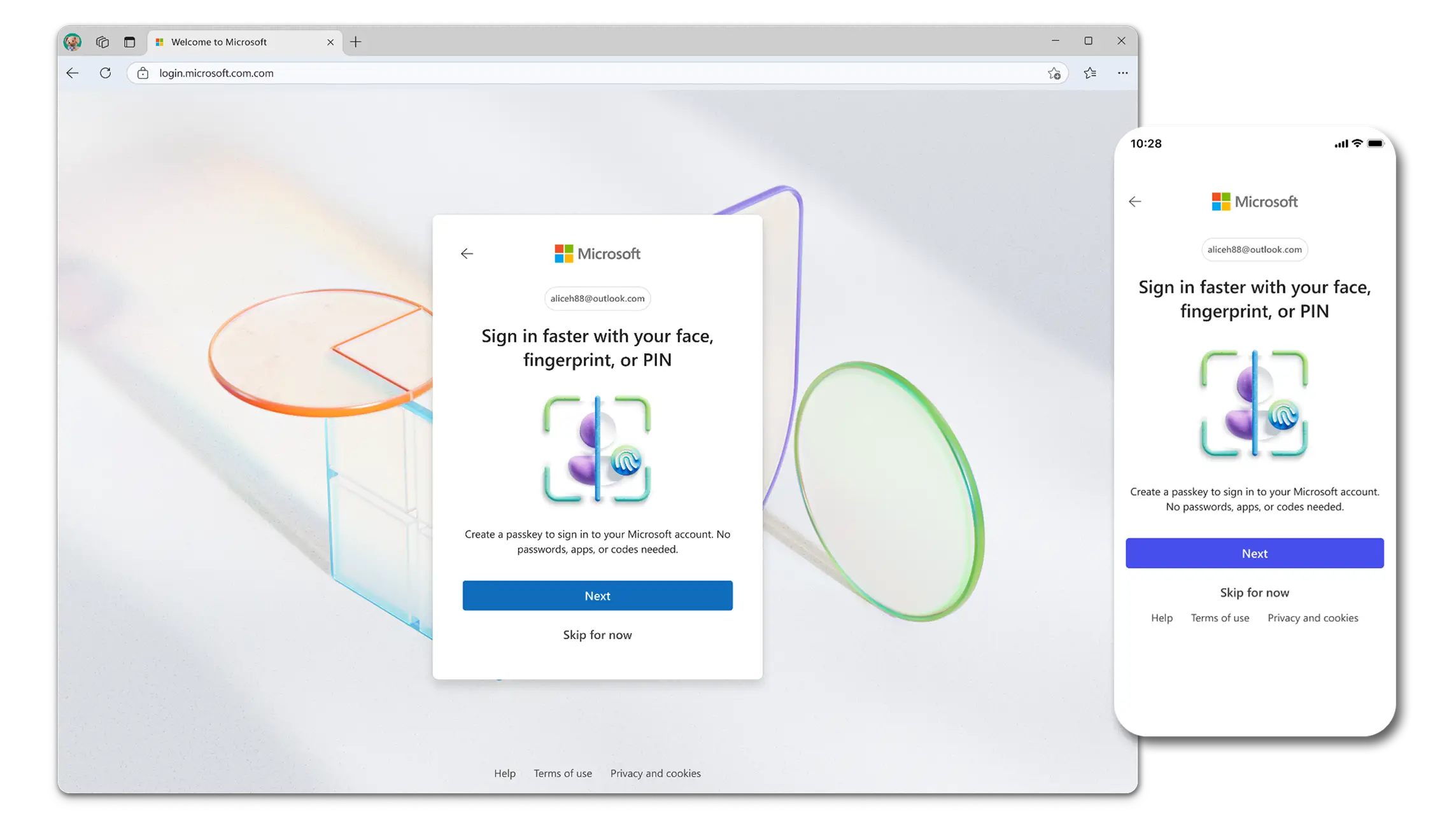 Nouvelle interface de connexion Microsoft mettant en avant l’authentification sans mot de passe via passkey, reconnaissance faciale ou empreinte digitale