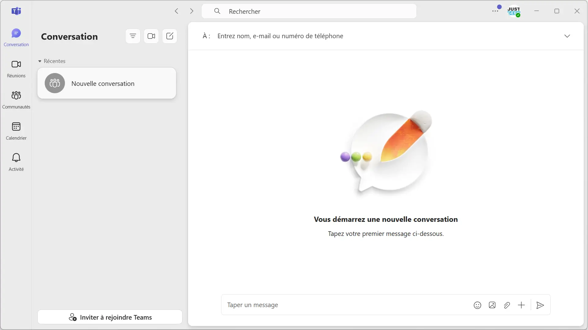 Fenêtre principale de Microsoft Teams avec la zone de saisie d’un nouveau message