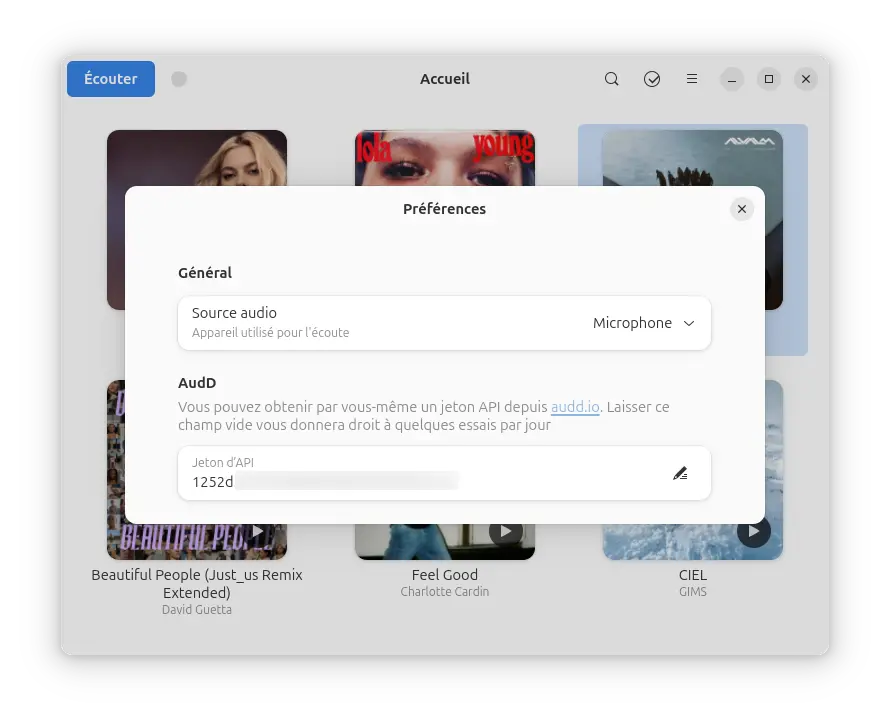 Ajout d’une clé API AudD dans l’interface de configuration de Mousai