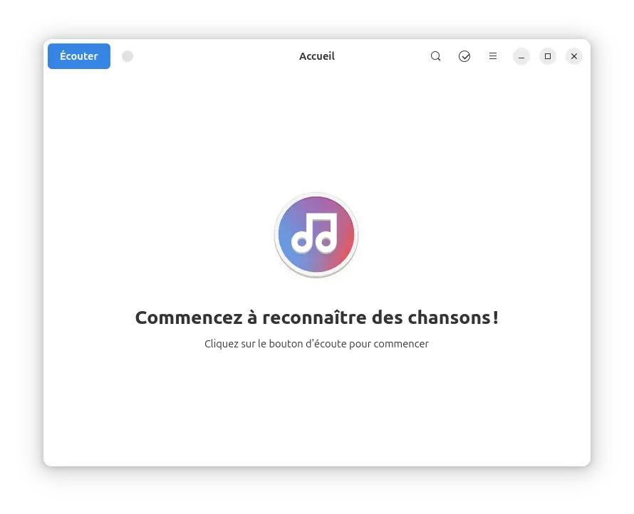 Interface d’accueil de l’application Mousai sur Linux avec le bouton Écouter