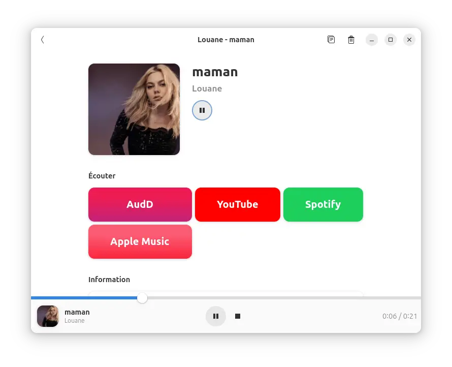 Résultat affiché dans Mousai après reconnaissance d’une chanson