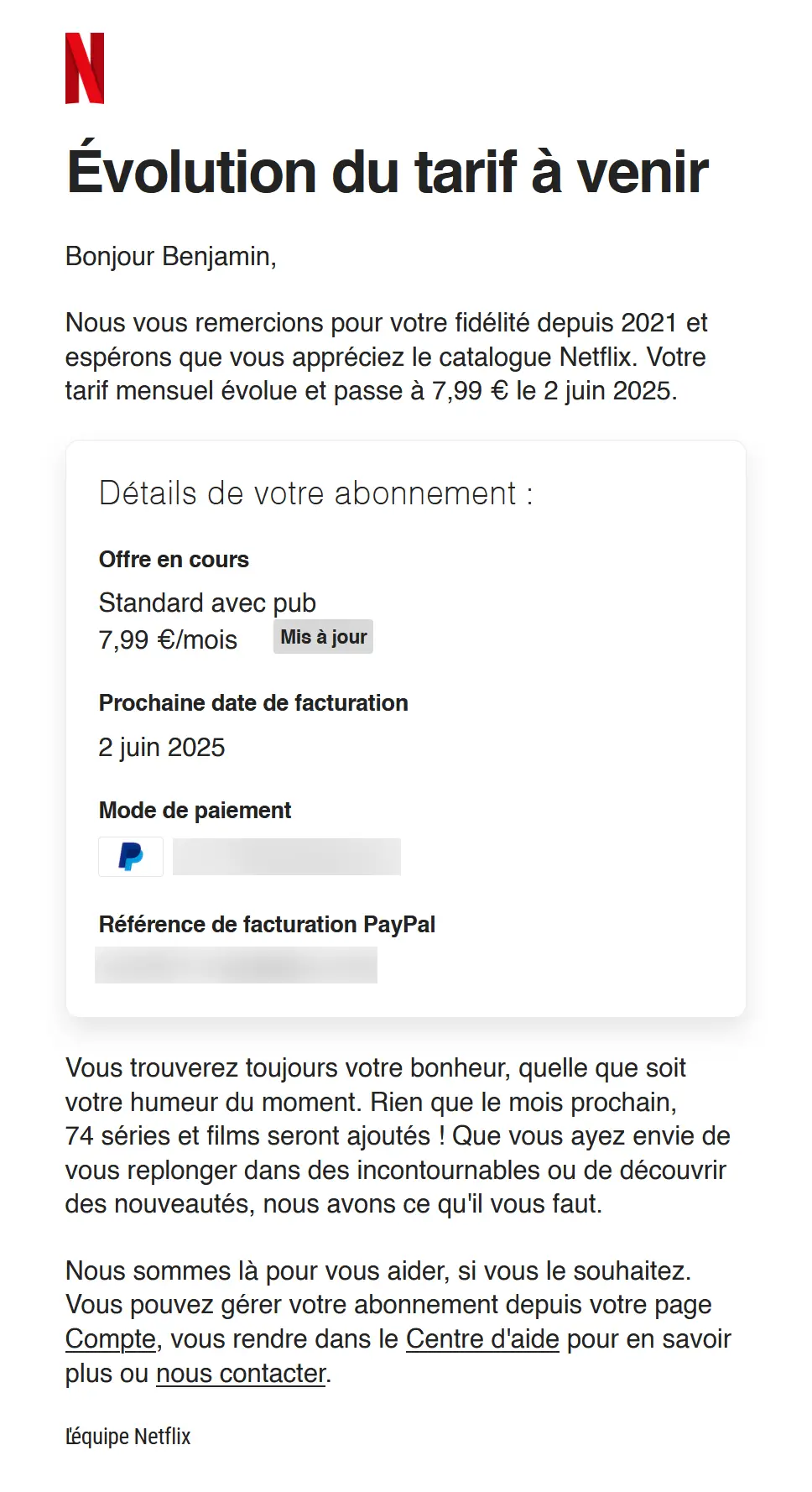 Capture d’écran de l’e-mail envoyé par Netflix annonçant la hausse de tarif pour les anciens abonnés à partir du 2 juin 2025