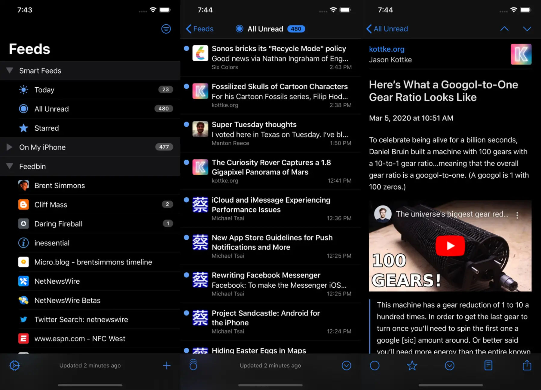 Interface de l'application NetNewsWire, lecteur RSS open source pour iPhone