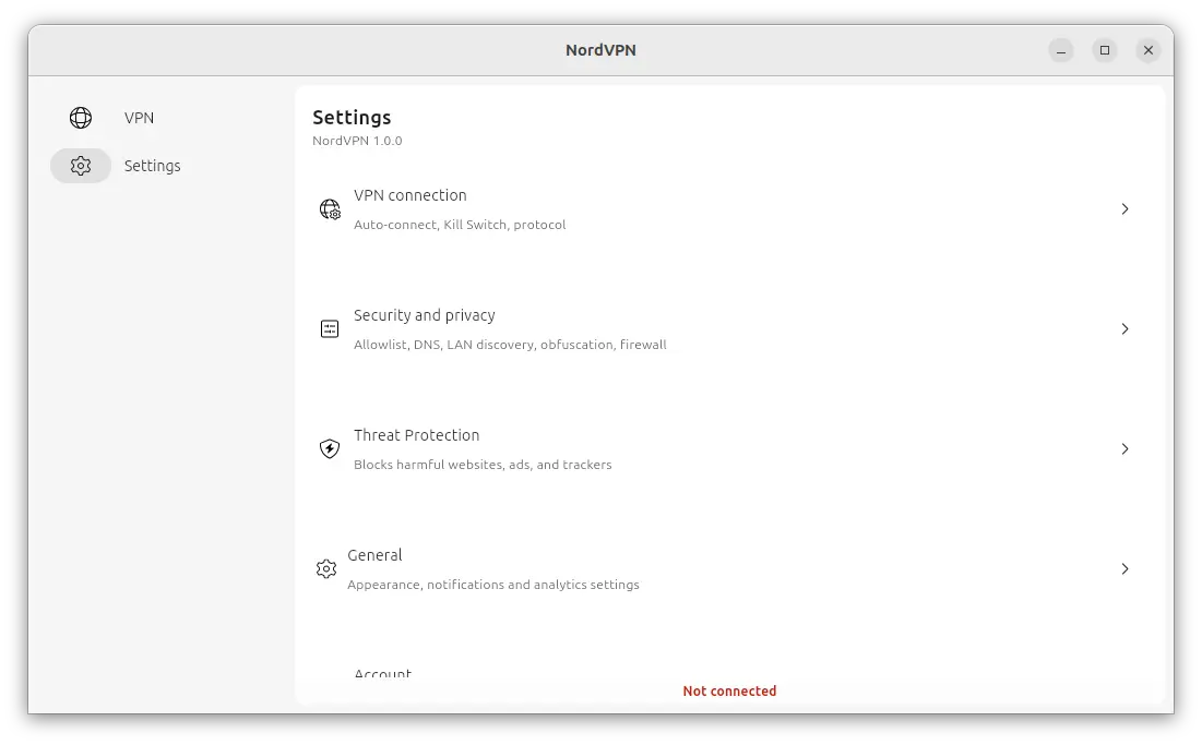 Menu des paramètres de NordVPN sur Linux avec options de sécurité, protocole, et protection contre les menaces