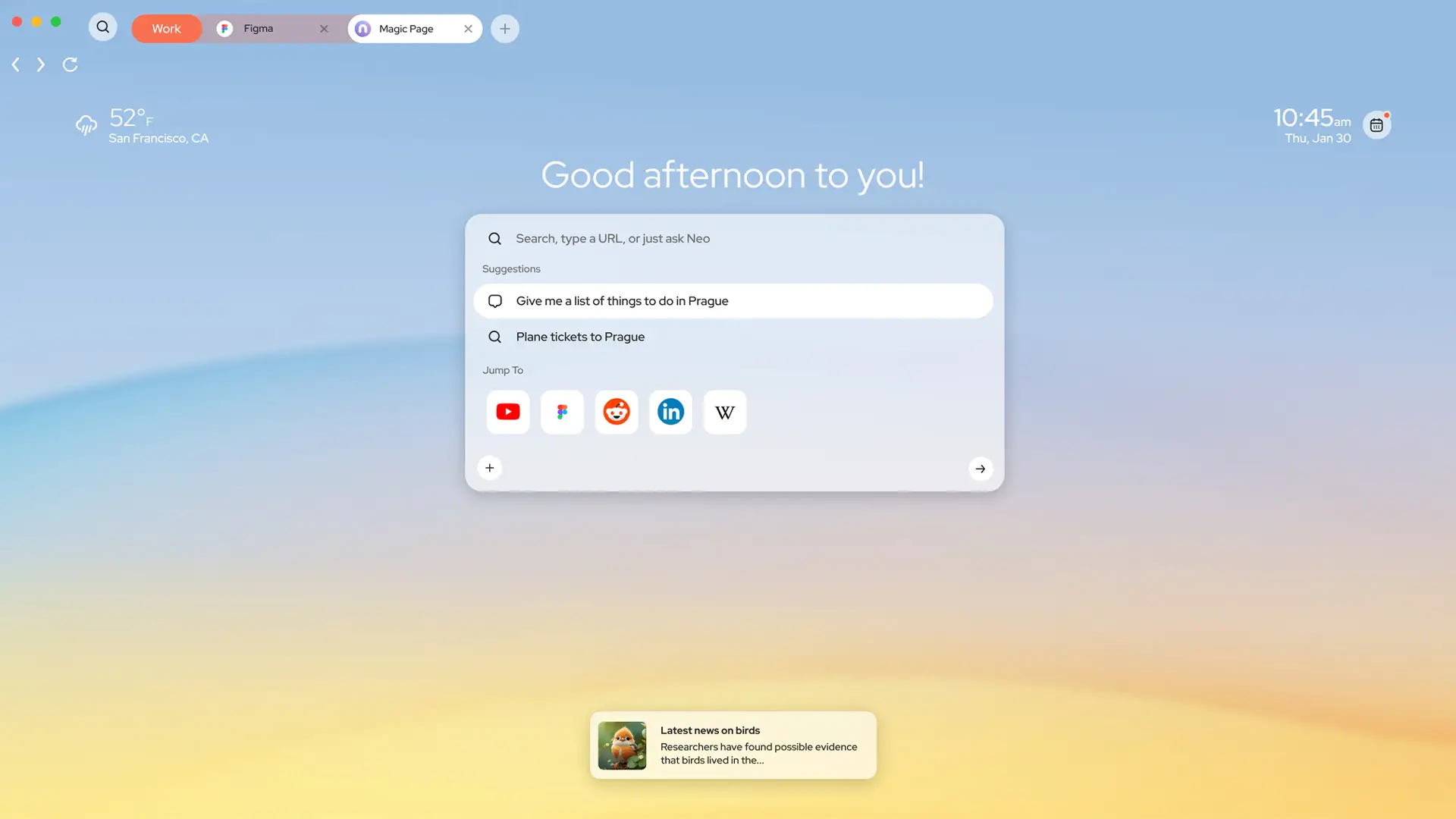 Interface du navigateur Norton Neo avec la Magic Box, le champ de commande IA intégré