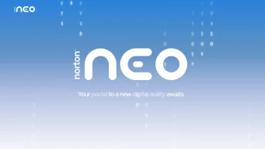 Logo du navigateur Norton Neo avec le slogan « Your portal to a new digital reality awaits » sur fond bleu dégradé