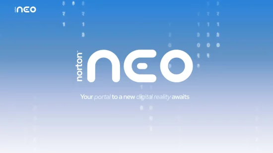 Logo du navigateur Norton Neo avec le slogan « Your portal to a new digital reality awaits » sur fond bleu dégradé