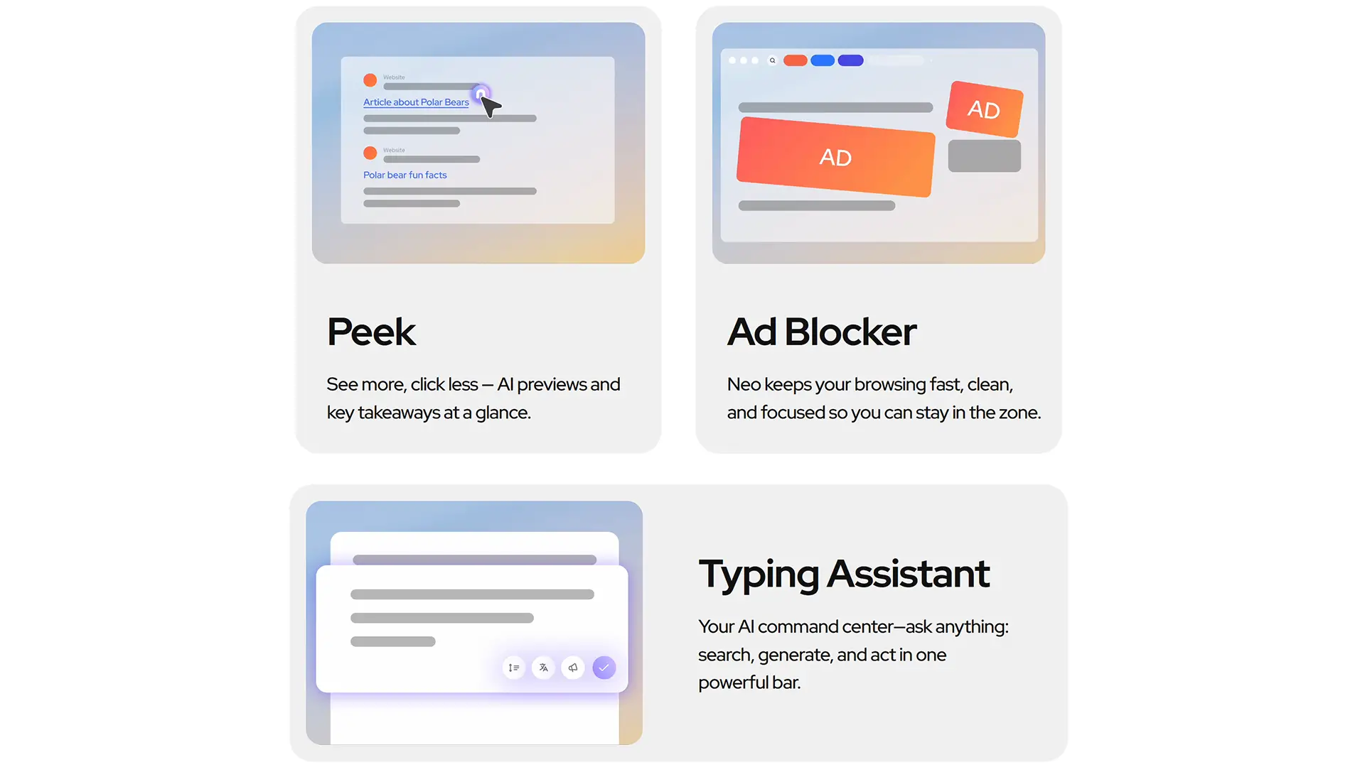 Fonctionnalités du navigateur Norton Neo : aperçu intelligent Peek, bloqueur de publicités et assistant de rédaction