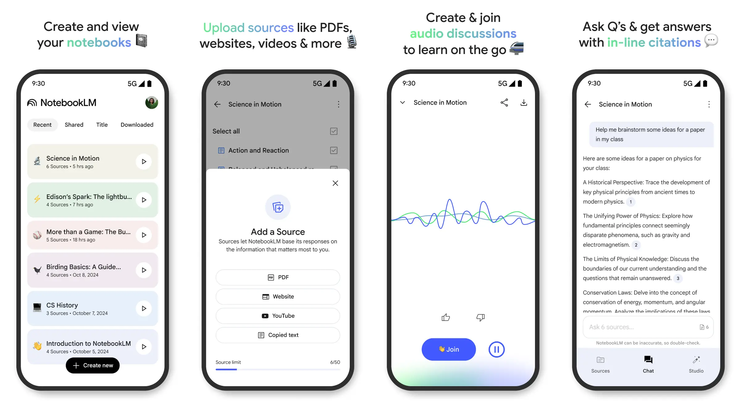Aperçu de l'application mobile NotebookLM avec les options de création de notebooks, ajout de sources, discussions audio et réponses avec sources citées