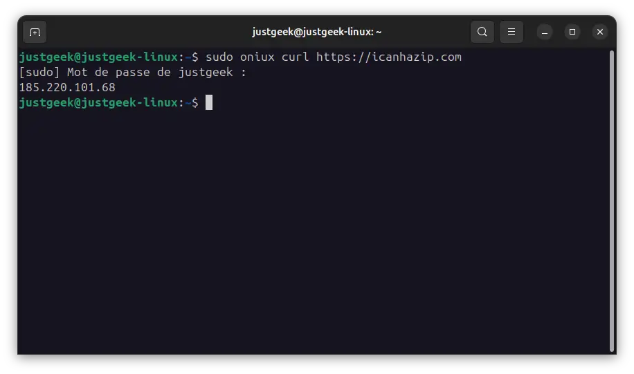 Exécution de Oniux avec curl pour vérifier l’adresse IP Tor obtenue via icanhazip.com
