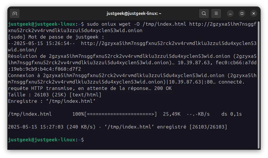 Téléchargement d’un site en .onion via wget isolé avec Oniux sur Linux