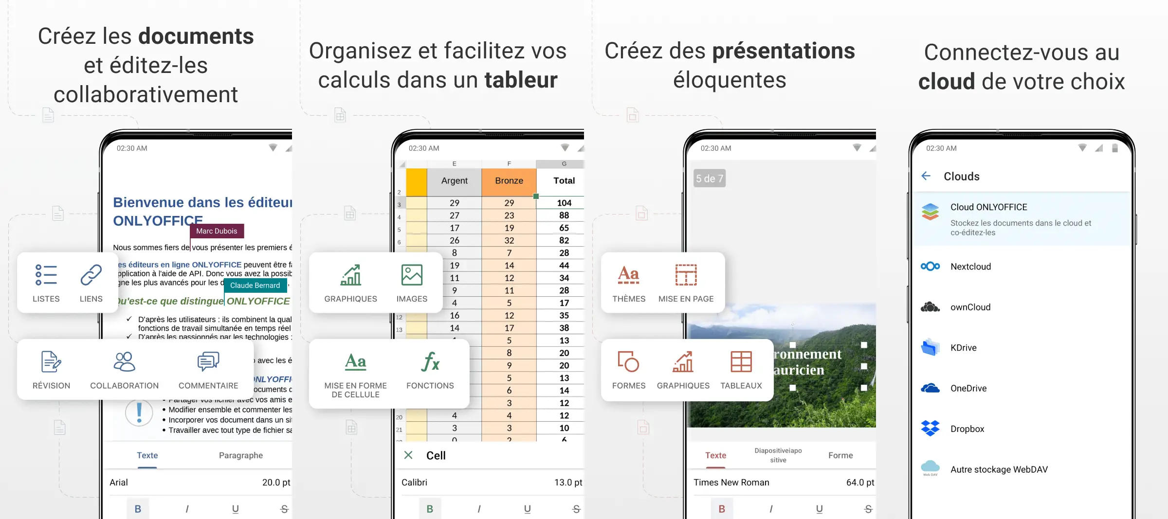Fonctionnalités de ONLYOFFICE Documents, suite bureautique open source sur mobile