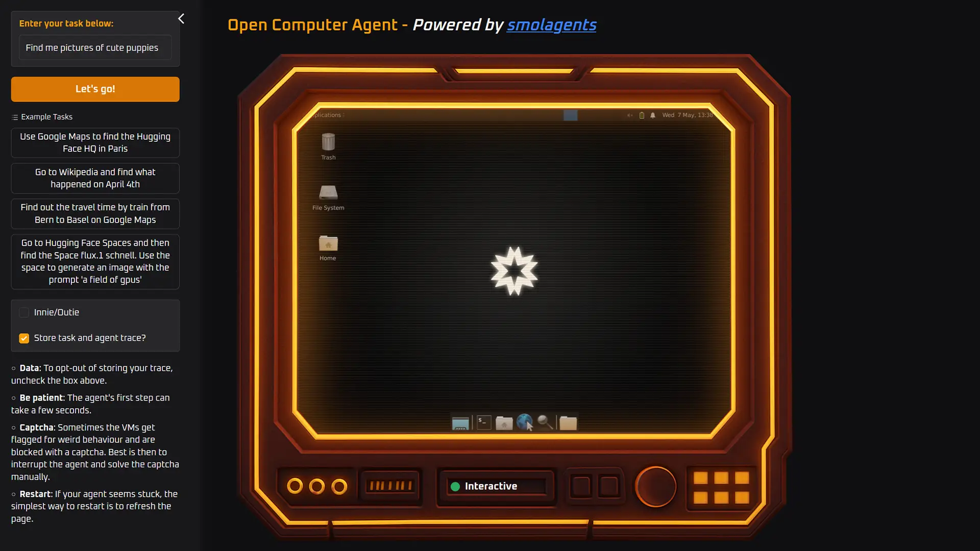Exemple de tâche saisie dans Open Computer Agent avec la machine virtuelle Linux affichée à l’écran