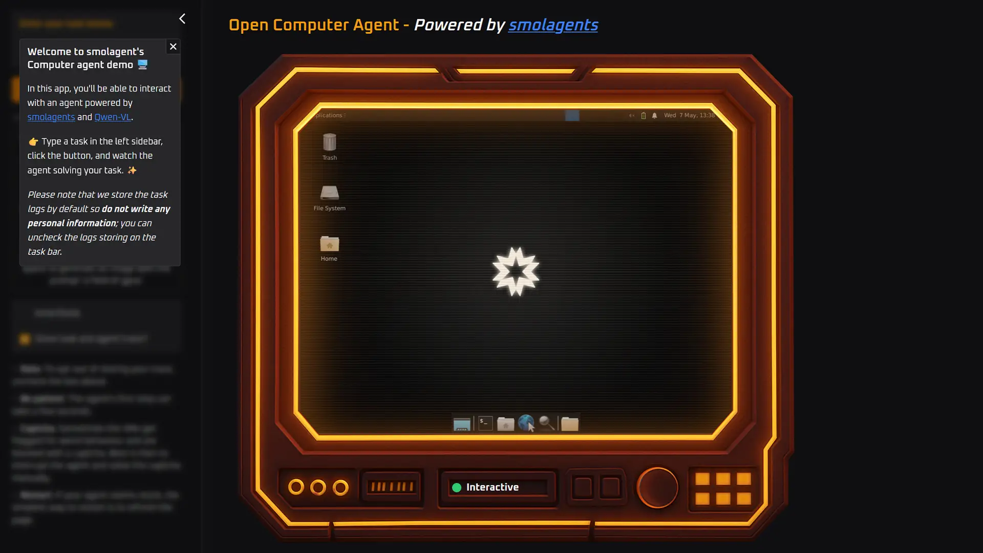 Interface de l’Open Computer Agent de Hugging Face avec un bureau Linux simulé dans un cadre rétro futuriste