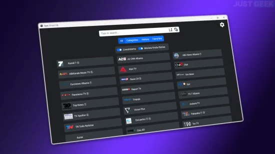 Interface principale de l'application Open TV affichant une liste de chaînes IPTV