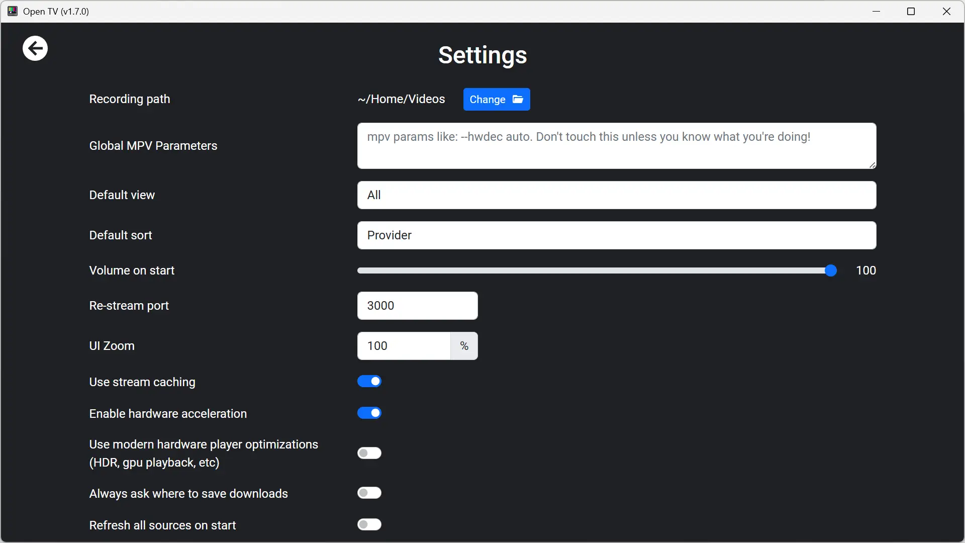 Paramètres avancés de l'application Open TV, avec options de cache, zoom, port de re-streaming et configuration MPV