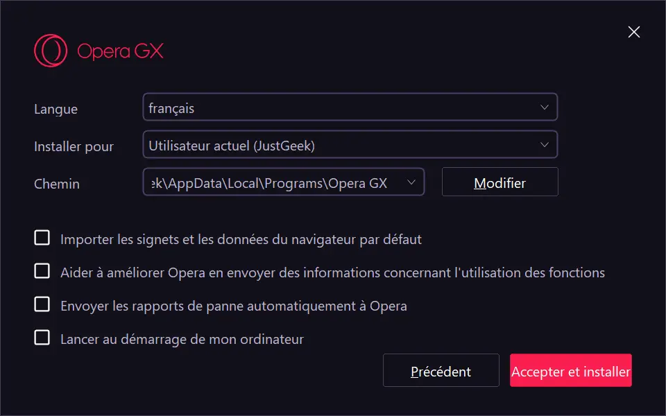 Fenêtre d’installation d’Opera GX avec options de collecte de données et de lancement automatique