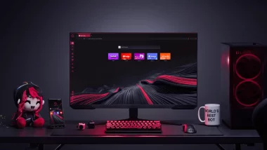 Configuration de bureau avec Opera GX affiché à l’écran, dans un setup gamer avec clavier, PC et figurine