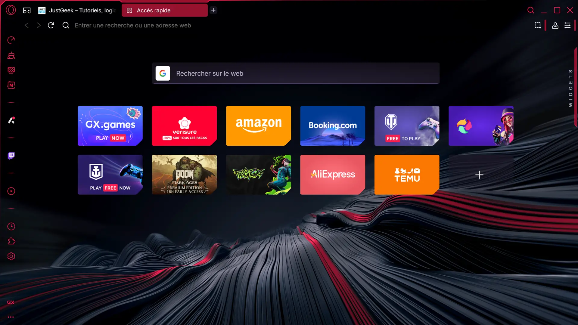 Page d’accueil d’Opera GX avec accès rapide à des sites populaires et jeux, comme Amazon, GX.games et DOOM