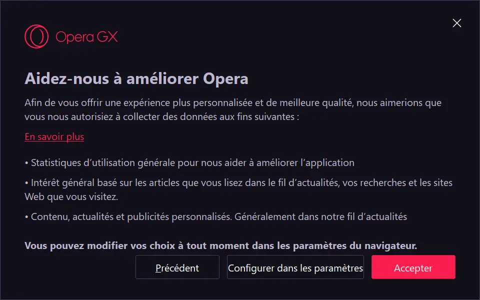 Fenêtre de configuration de la confidentialité lors de l’installation d’Opera GX, avec demande de consentement à la collecte de données