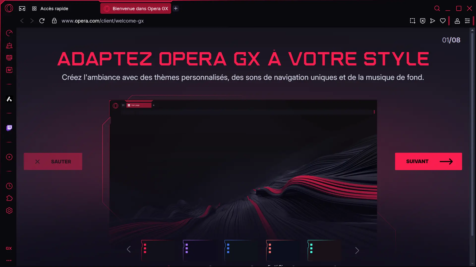 Écran de bienvenue d’Opera GX montrant les options de personnalisation avec thèmes, sons et musique de fond