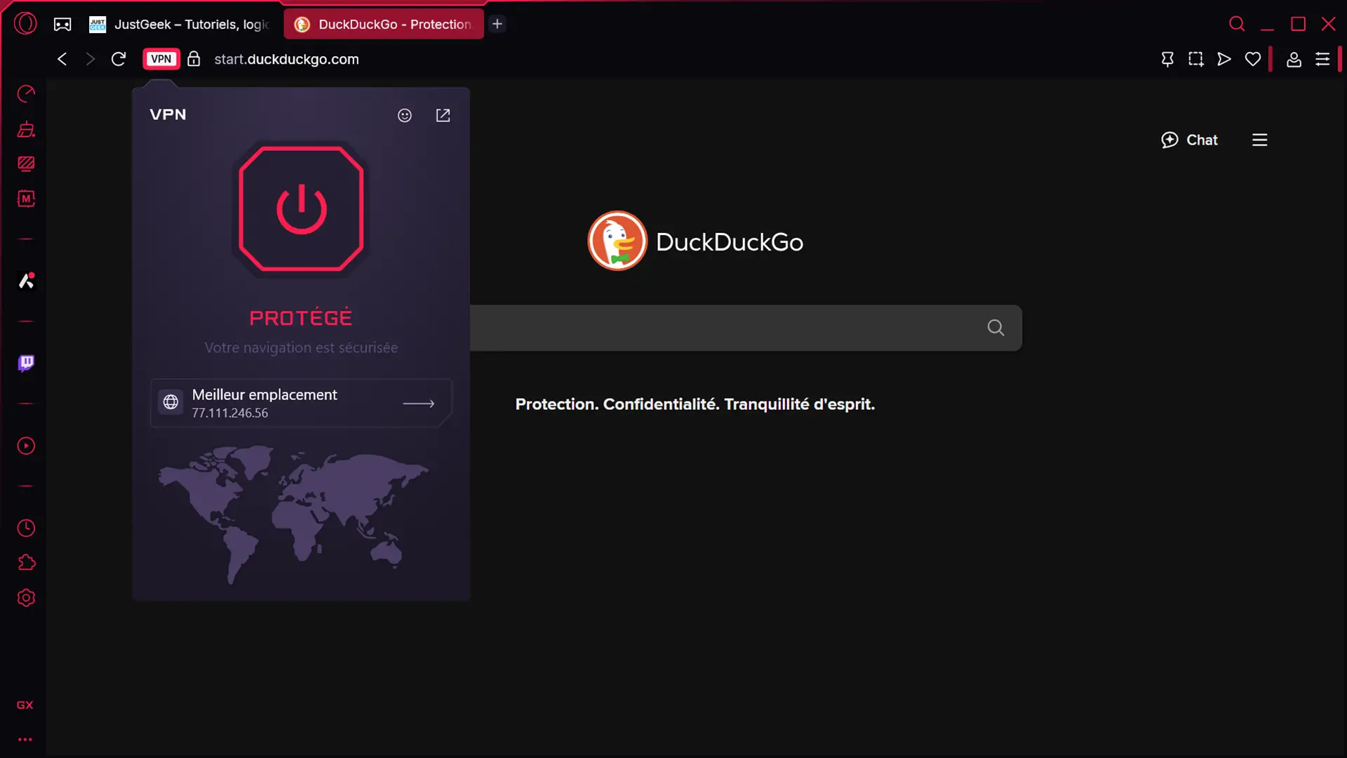 Interface du VPN intégré d’Opera GX activé, affichant une adresse IP masquée et la mention "Votre navigation est sécurisée"