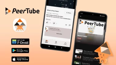 Capture promotionnelle de l'application mobile PeerTube avec logos F-Droid, Google Play et App Store