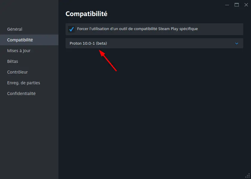 Capture d'écran des paramètres de compatibilité Steam avec Proton 10.0-1 (bêta) sélectionné