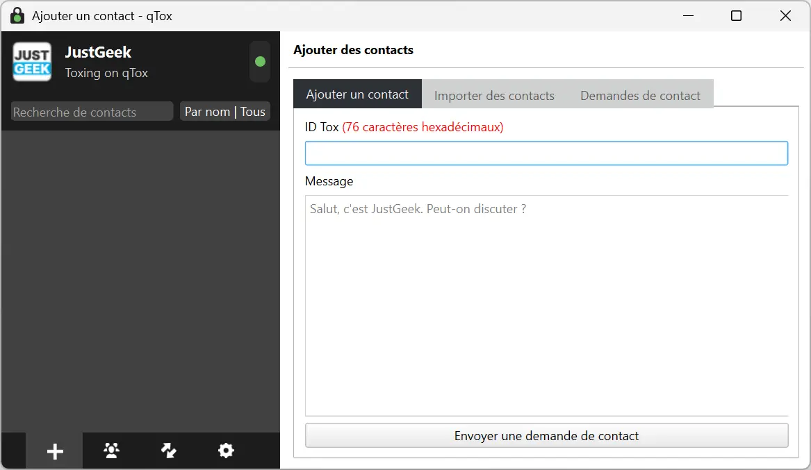Fenêtre d’ajout de contact dans qTox avec champ ID Tox