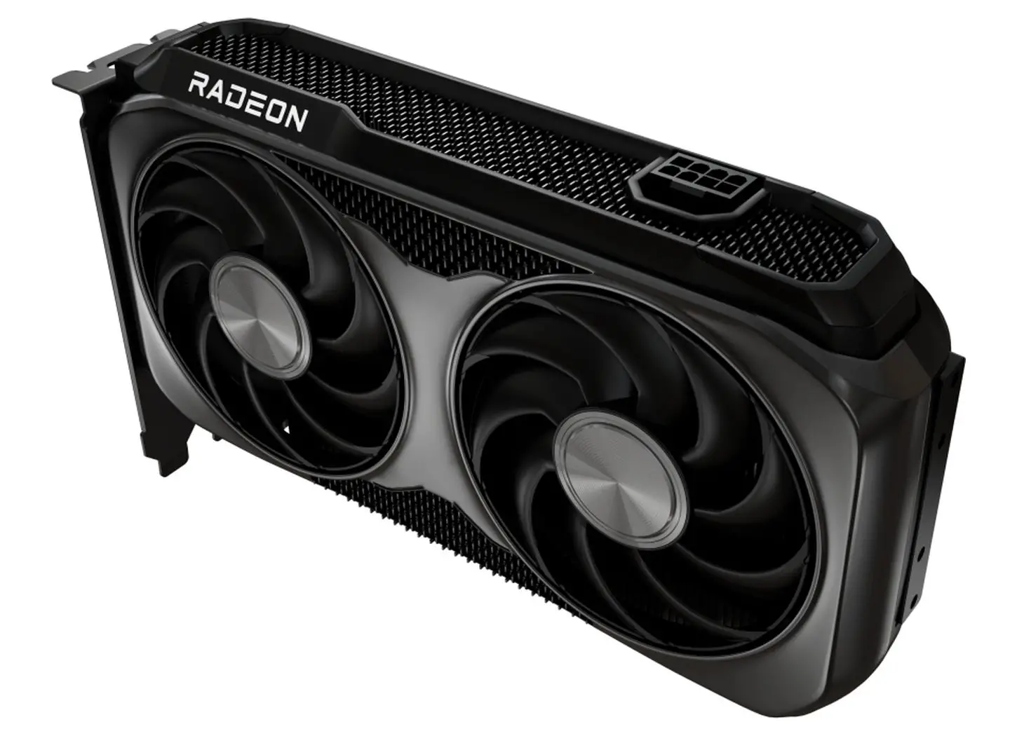 Carte graphique AMD Radeon RX 9060 XT avec double ventilateur, vue en angle