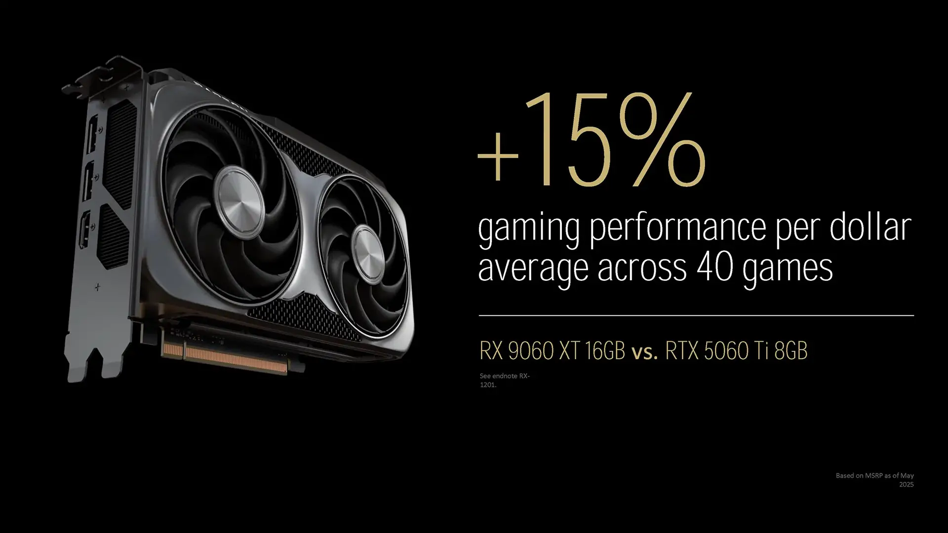Graphique AMD comparant les performances par dollar entre la RX 9060 XT 16 Go et la RTX 5060 Ti 8 Go
