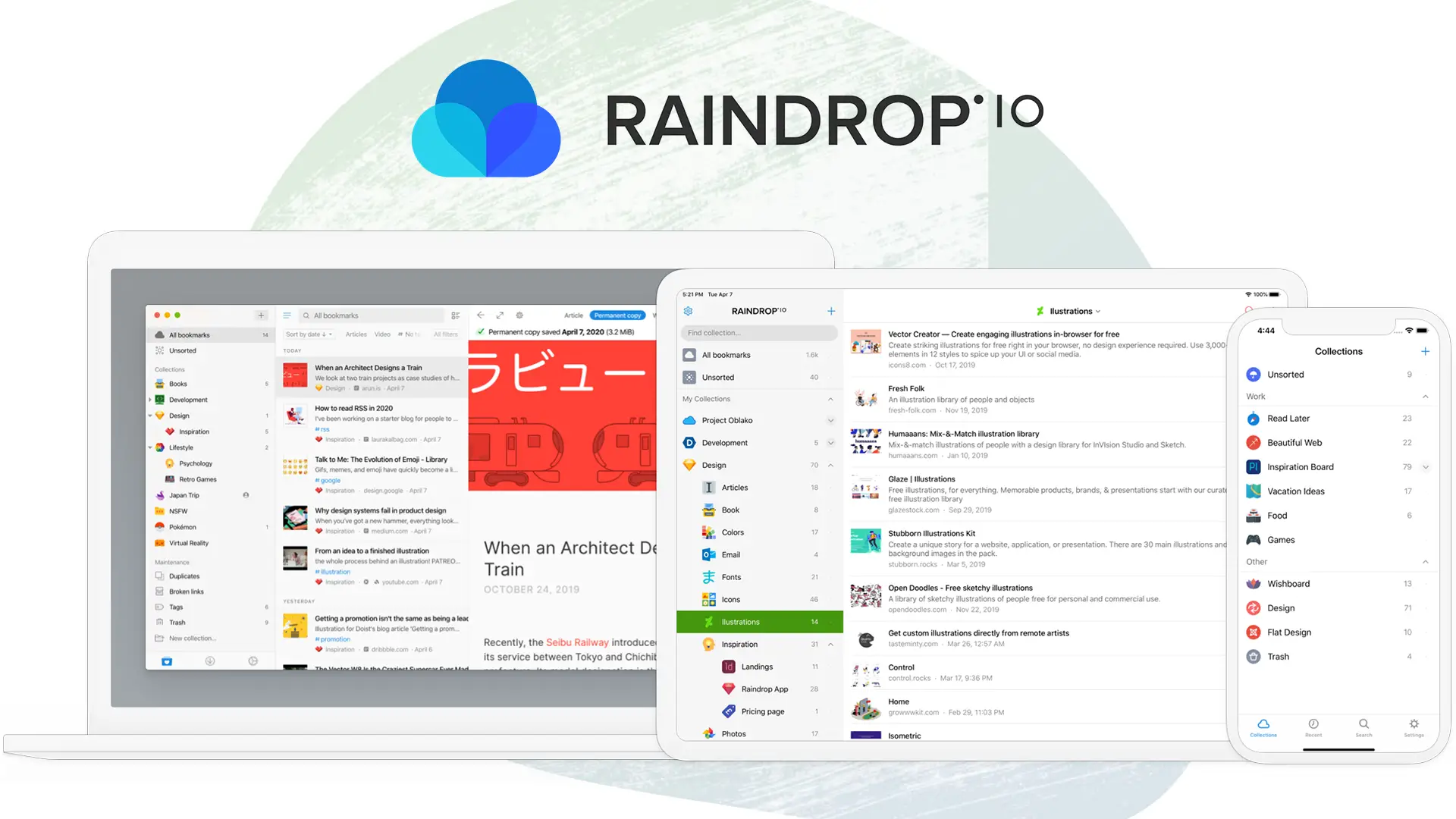 Aperçu de Raindrop.io sur ordinateur, tablette et smartphone avec gestion visuelle des collections de favoris