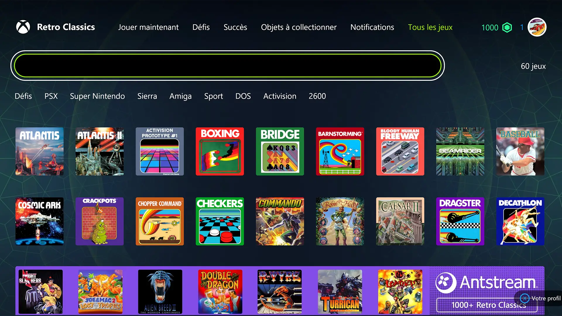 Aperçu de la bibliothèque Retro Classics dans Xbox Game Pass, affichant les jaquettes de jeux comme Atlantis, Commando, Boxing ou Caesar II