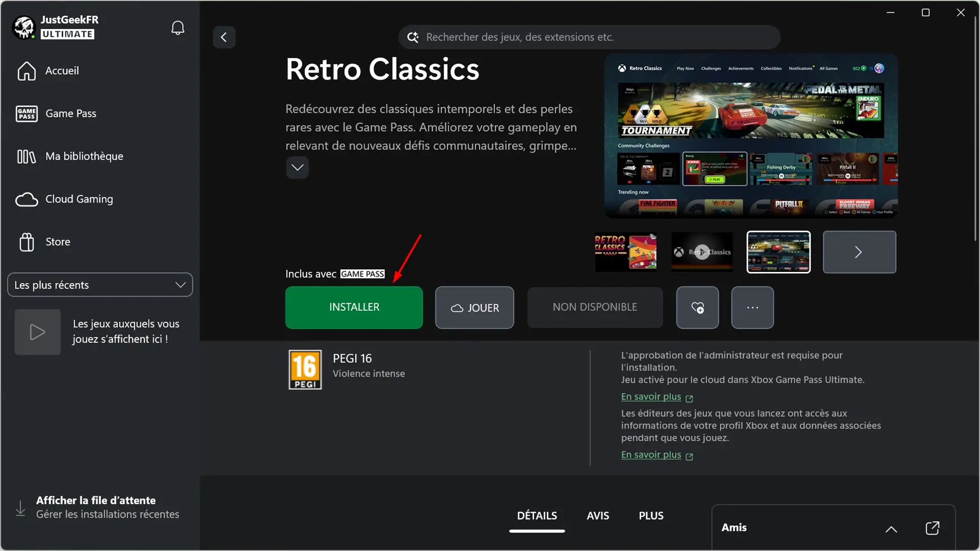 Écran d'installation de Retro Classics dans l'application Xbox Game Pass sur PC, avec le bouton Installer mis en avant