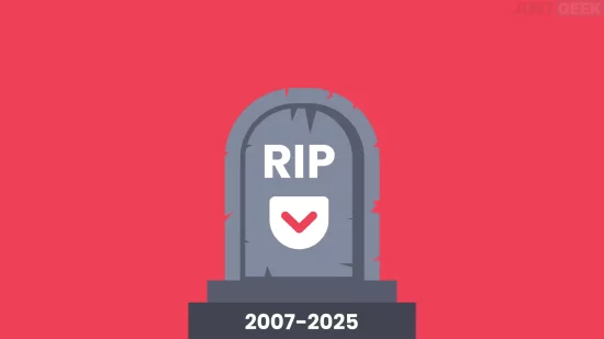 Illustration d'une pierre tombale avec le logo Pocket et les dates 2007–2025, symbolisant la fin du service