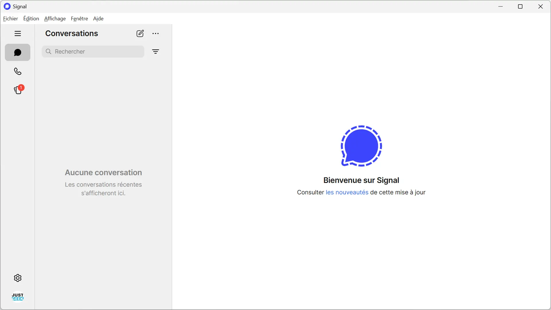 Interface de l’application Signal sur Windows avec message de bienvenue