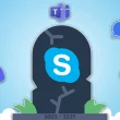 Illustration de la fin de Skype en 2025 avec des alternatives comme Teams, Jitsi, Signal, Discord et Element autour d’une pierre tombale
