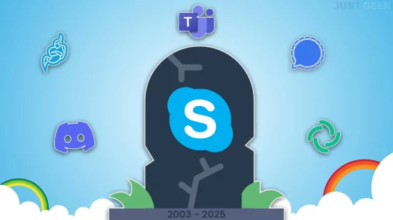 Illustration de la fin de Skype en 2025 avec des alternatives comme Teams, Jitsi, Signal, Discord et Element autour d’une pierre tombale
