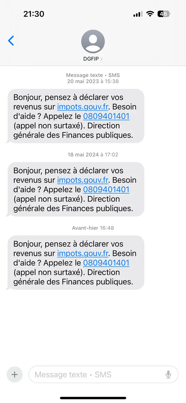 Capture d’écran de plusieurs SMS envoyés par la DGFiP rappelant de déclarer ses revenus sur impots.gouv.fr avec le numéro 0809401401