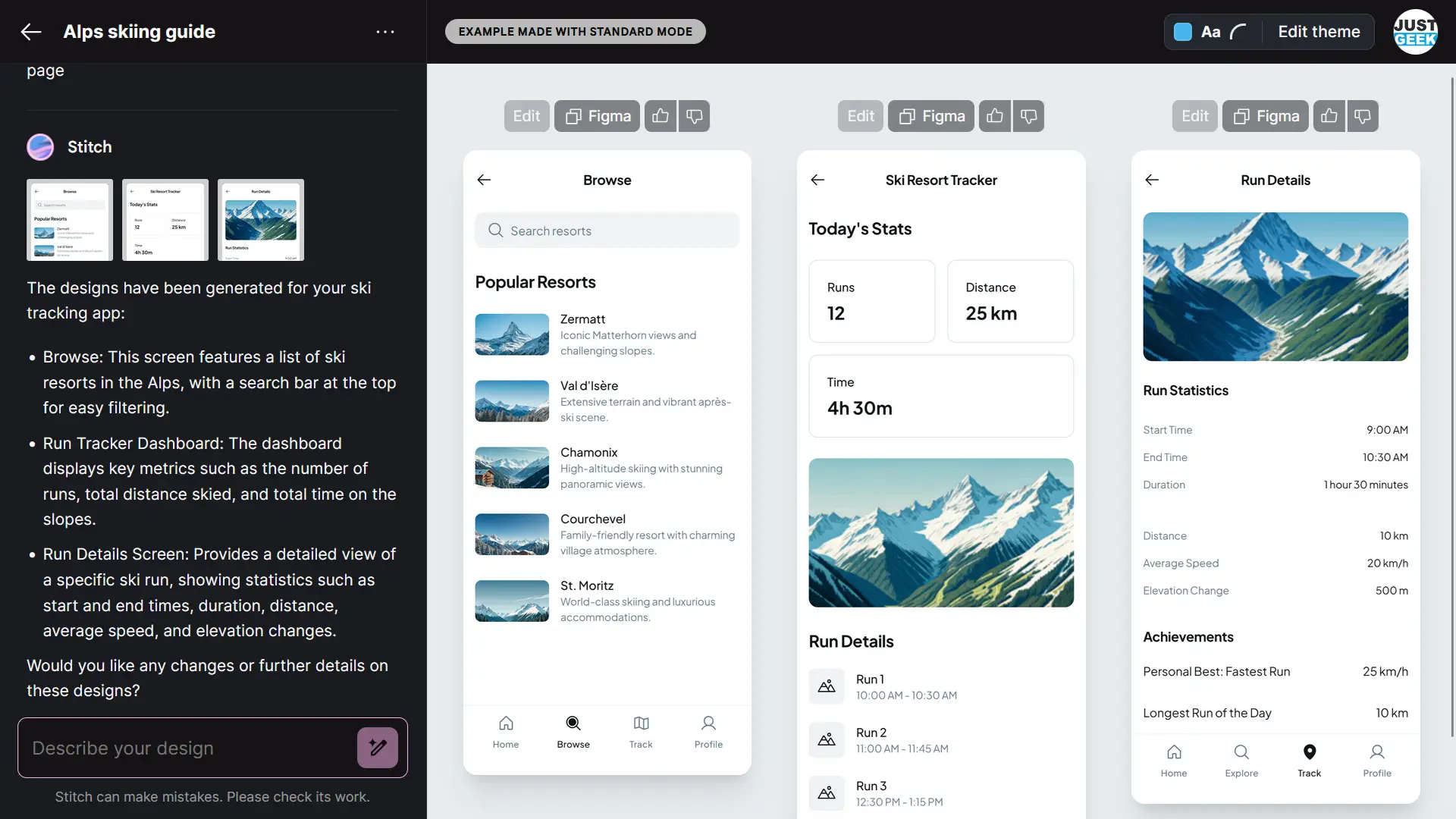 Interface mobile générée par Stitch pour une application de suivi de ski, avec stations populaires, statistiques et détails de parcours.