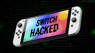 Console Nintendo Switch avec l’écran affichant « Switch Hacked » sur fond de code binaire