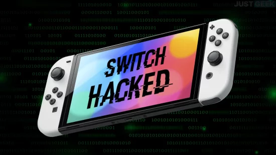 Console Nintendo Switch avec l’écran affichant « Switch Hacked » sur fond de code binaire