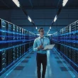 Technicien dans un data center moderne inspectant des serveurs avec un ordinateur portable, illustrant l’infrastructure UltraEdge dédiée à la transformation numérique des entreprises