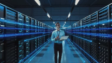 Technicien dans un data center moderne inspectant des serveurs avec un ordinateur portable, illustrant l’infrastructure UltraEdge dédiée à la transformation numérique des entreprises