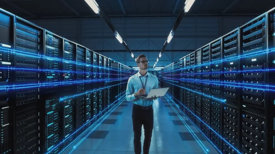Technicien dans un data center moderne inspectant des serveurs avec un ordinateur portable, illustrant l’infrastructure UltraEdge dédiée à la transformation numérique des entreprises