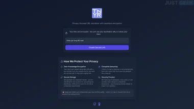 Page d’accueil de tnyr.me, un raccourcisseur d’URL axé sur la confidentialité et le chiffrement