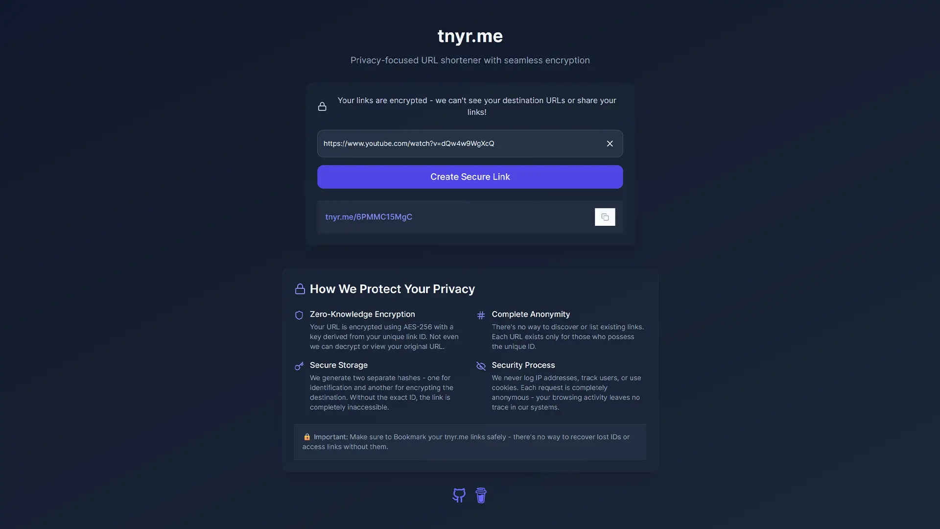 Interface de tnyr.me, un service open source de raccourcissement de liens avec chiffrement et respect de la vie privée