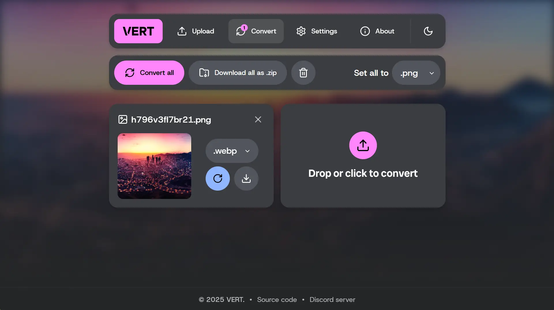 Interface de VERT lors de la conversion d'une image PNG en WebP