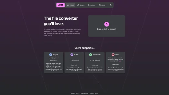 Interface du site VERT montrant les formats pris en charge pour la conversion de fichiers